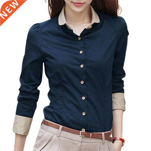 Office Blouses Elegant Tight Blue Solid Color Shirt Buttons