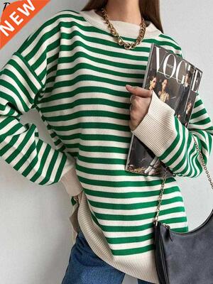 O Neck Vintage Striped Sweater Pullovers For Women Casual Lo