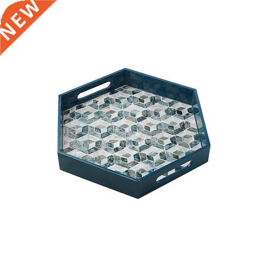 European Blue Color Shell Tray Luxury Wooden Hexagonal Food