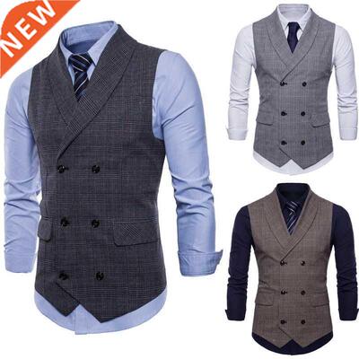 Men Formal Suit Vest Sleeveless Waistcoat Slim Plaid Busines