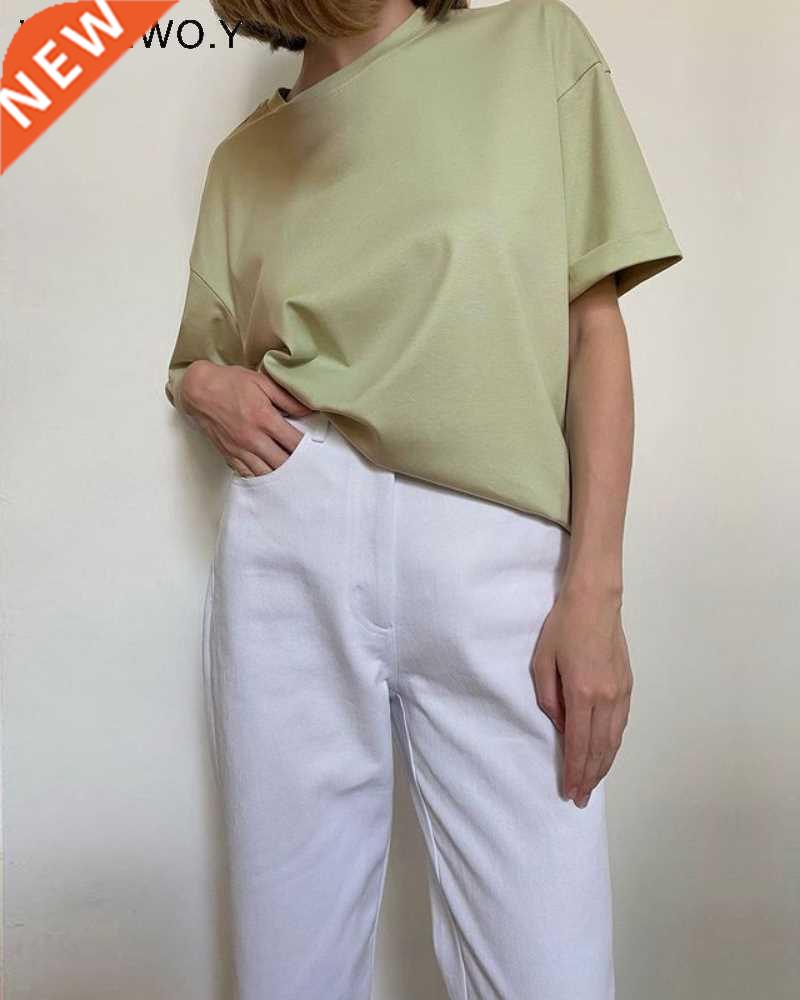WOTWOY Summer Casual Loose Tee Shirt Women Cotton Short Slee
