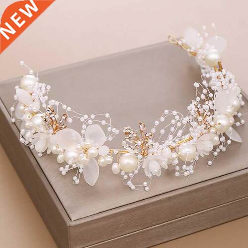 Handmade Floral White Flowers Hair Band Pearl Ribbon Yarn We