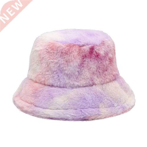 Women Winter Faux Fur Fluffy Bucket Hats Tie Dye Outdoor War