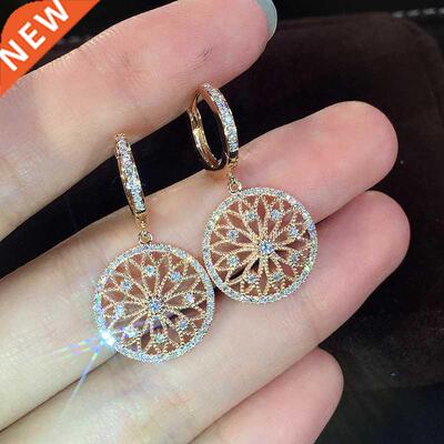 14K Gold Real color mond Earring Round Hollow Wedding pure G