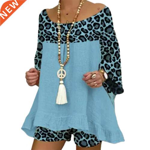 Women Outfit Casual /4 Sleeve Leopard Patchwork O Neck Loos