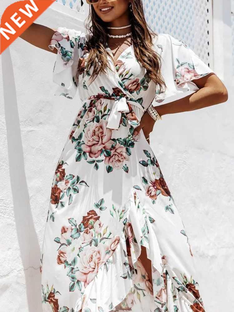 Summer Short Sve Belted Women Long Dress Lady Fashion Flo图片