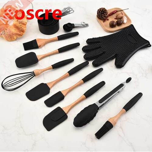 Silicone Kitchen Utensil Set with Silicone Wooden Handle Non