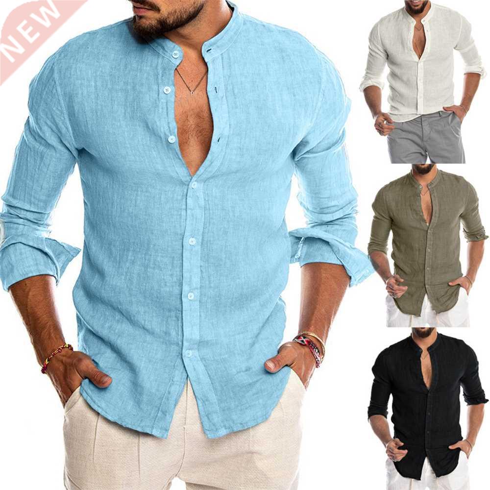 Helisopus New Casual Cotton Linen Men Shirts Long Sleeve Loo