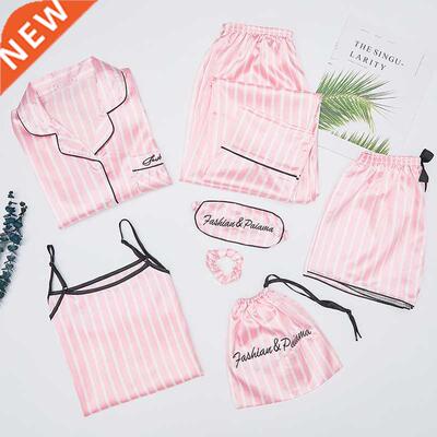 Autumn Spring 7 Pieces Set Silk Elegant Women Pajamas stripe