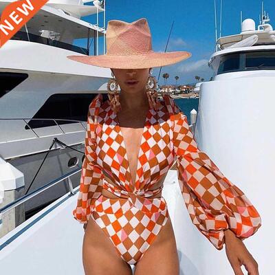 Vintage One Piece Swimsuit Female 2022 Long Sleeve Swimwear