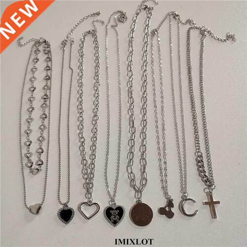 Kpop Heart Pendant Necklace Metal Alloy Two Layer Metal Chai