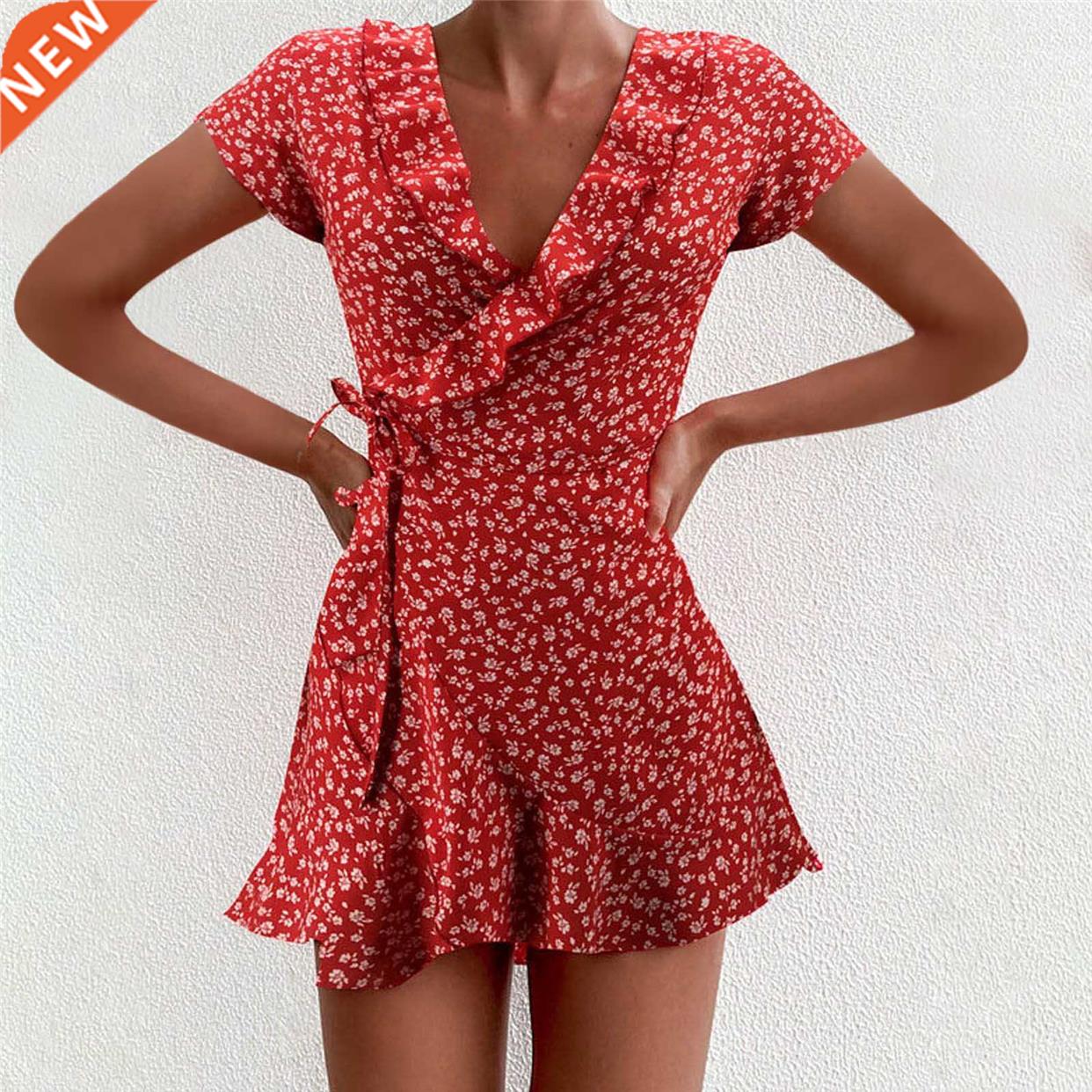 Chiffon Ruffle Dress Women Summer Bandage Dresses Short Slee图片