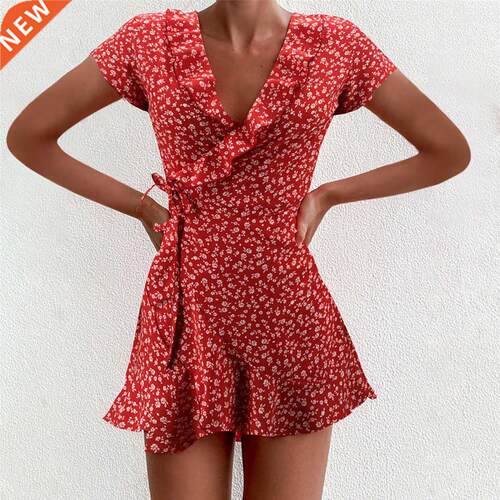 Chiffon Ruffle Dress Women Summer Bandage Dresses Short Slee