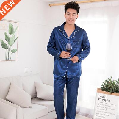 Silk Satin Men Pajamas Set Fashion Sleepwear Couple Solid Co