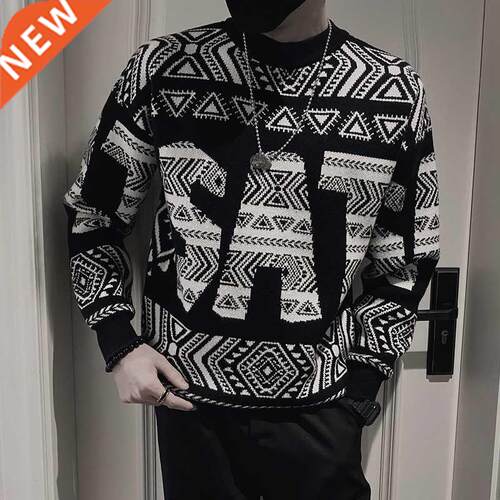 Letter Jacquard Men's Knitted Sweater Round Neck Long Sleeve