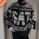 Knitted Long Jacquard Sleeve Neck Men Round Letter Sweater