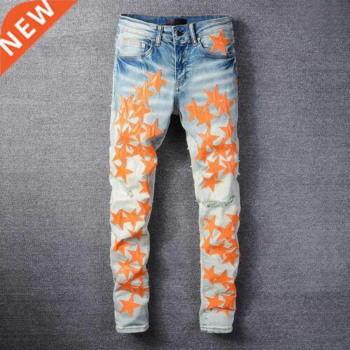 America Jeans Male blue Orange star Leather Patchwork Jeans