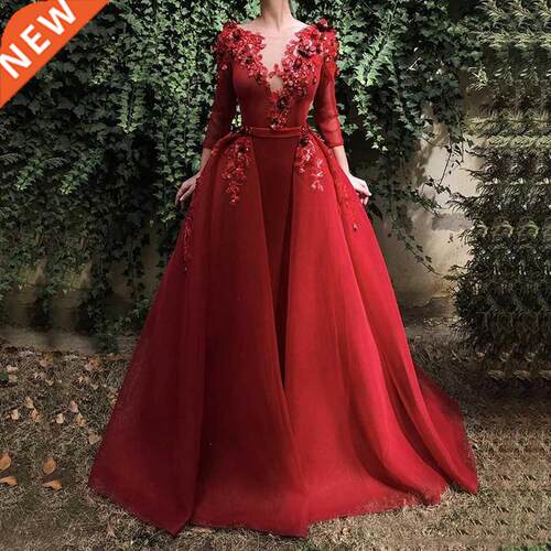 2020 Red Elegant Scoop Neck Lace Evening Dresses Long Sleeve