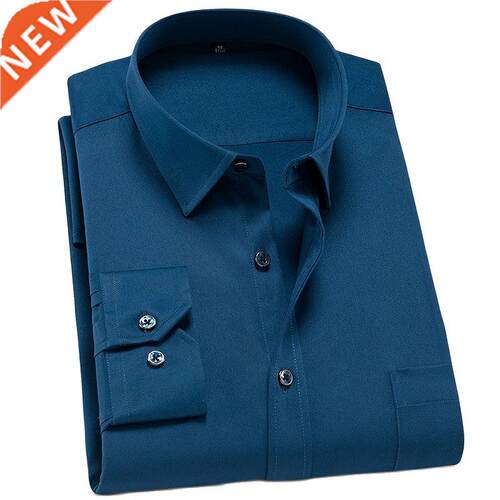 Non-Iron Solid Stretch Shirts for Men Spandex Long Sleeve Dr