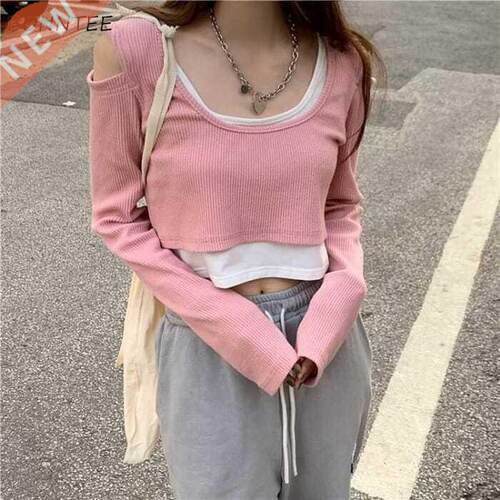 Off Shoulder Fake Two Pieces Long Sleeve T-shirts Women Kore
