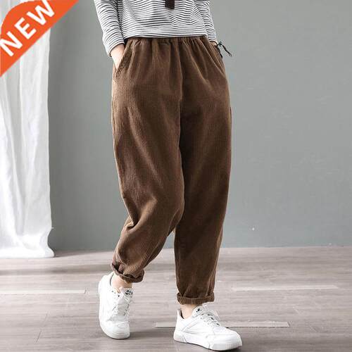 Velvet Warm Winter Pants for Women Elastic Waist Corduroy Ha
