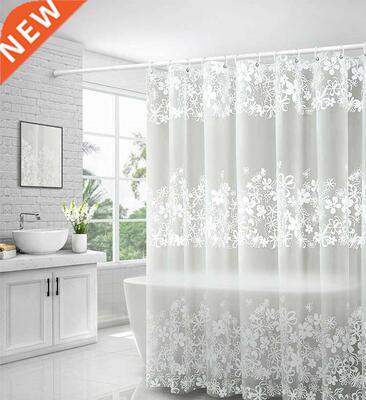 Printed white shower curtin with hooked PEV bthroom tr