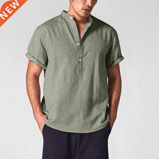 Cotton linen short sleeve men's summer shirt trend loose top