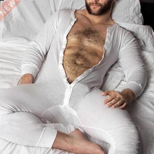 Men Pajamas Jumpsuit Homewear Solid Color Long Sleeve Comfor