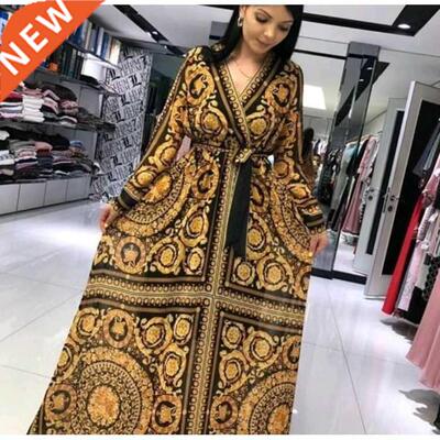 Good quality V-neck long-sleeve women Print dress Long skirt