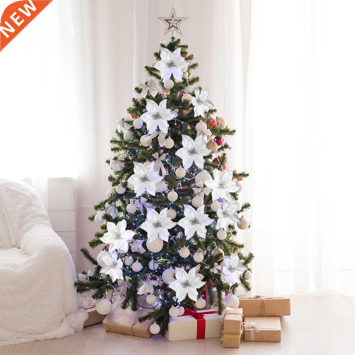 24pcs Flower Head Glitter Artificial Silk Flower Christmas e