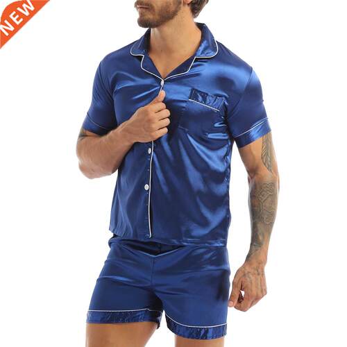Fashion Mens Silky Satin Pajamas Set Solid Color Short Sleev