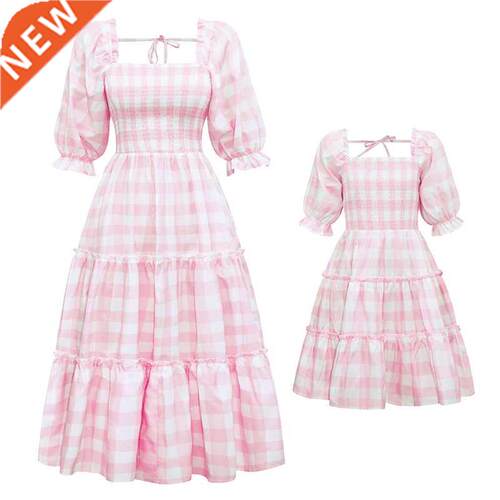 Spring Summe M Daughter Matching Dresses Pink Grid Fami