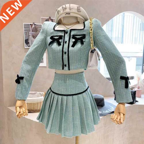 Small Fragrance Tweed 2 Piece Set Women Bow Short Jacket Coa