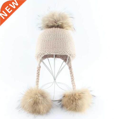 BABY Real Fur Pompom Knitted Beanies Winter Warm Hats For Fi