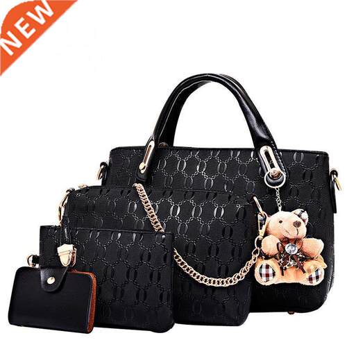 4Pcs Set Elegant Ladies Bear Pendant Handbag Shoulder Bag Gi
