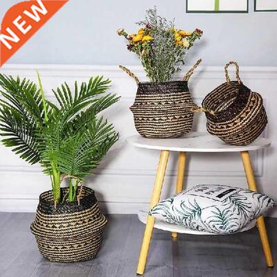 Straw Basket Chrysanthemum Black Check Pattern Storage