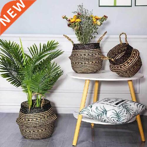 Straw Basket Chrysanthemum Black Check Pattern Storage