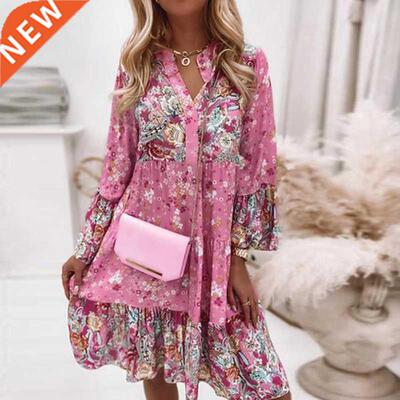 Women Vintage Floral Dress Spring Fashion Flare Sleeve Loose