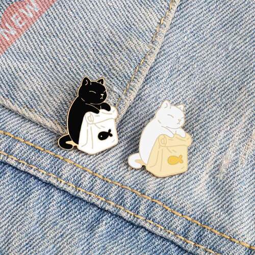 Cute Black White Cats Enamel Pins Dried Fish Bag Brooch Cart