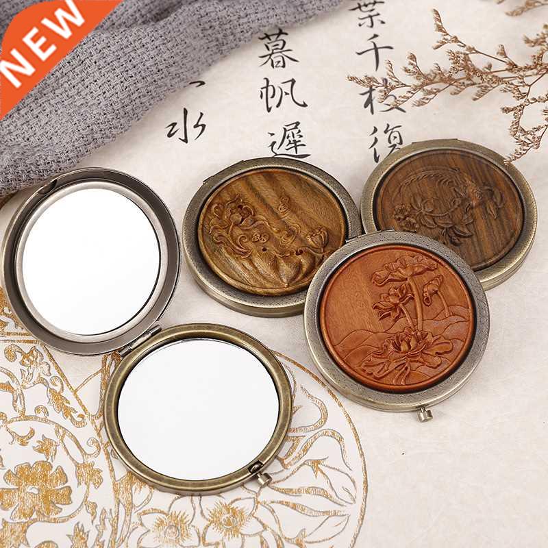 Wooden Carving Cosmetic Mirror Portable Makeup Mirror Compac