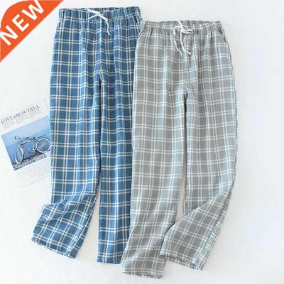Men's Cotton Gauze Trousers Plaid Knitted Sleep Pants Woman