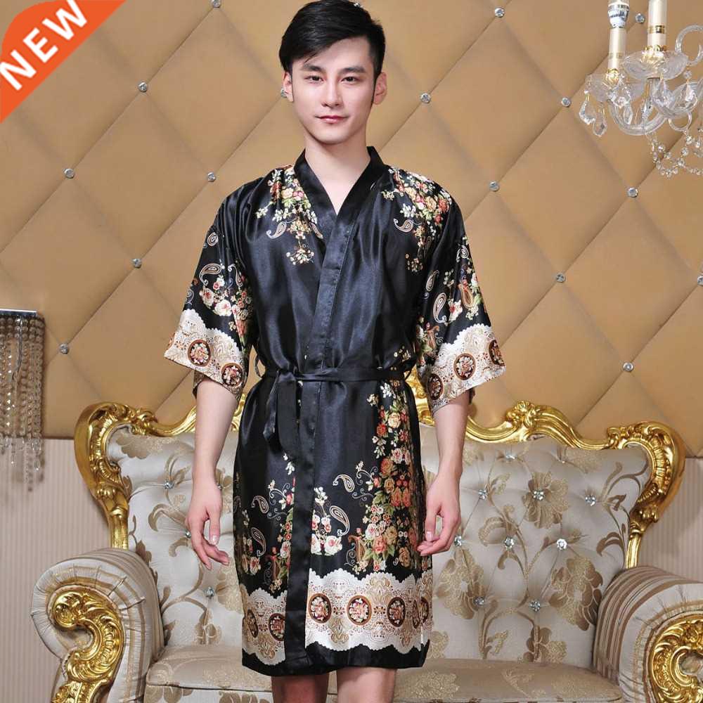Novelty Black Male Silk Kimono Bath Robe Gown Chinese Men Ra