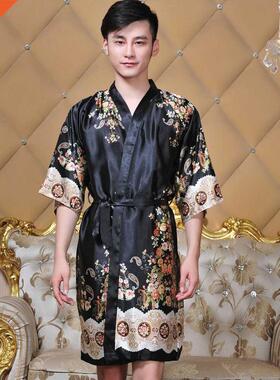 Novelty Black Male Silk Kimono Bath Robe Gown Chinese Men Ra