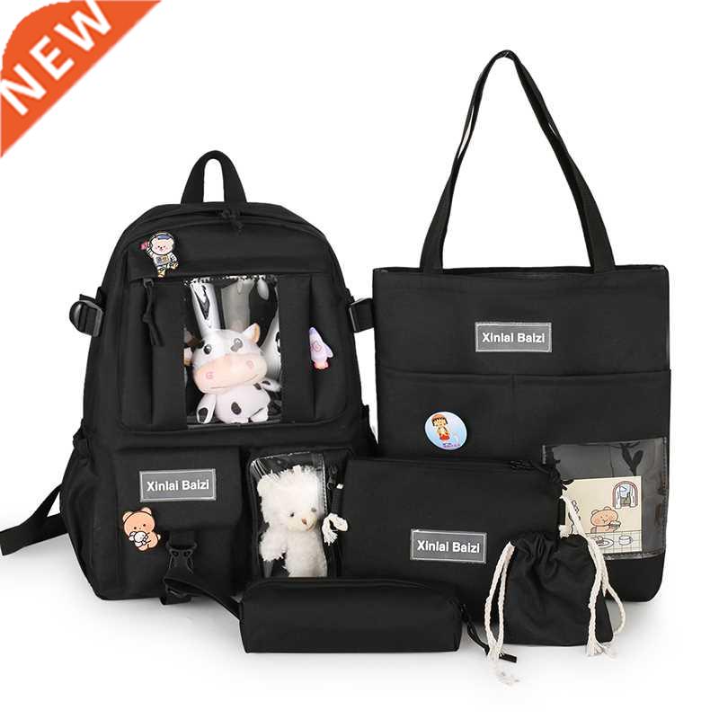 5-piece Fashion Women's Backpack Pure Color Cute Cartoon Stu