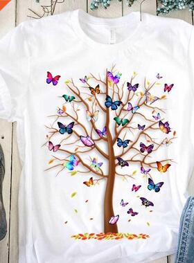 Woman Butterfly e Prnt Harajuku Summer Tshrts Casual Round