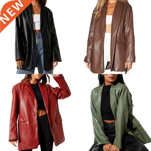 Women Faux Leather Blazer Y2k Vintage Boyfriend PU Jacket Sh
