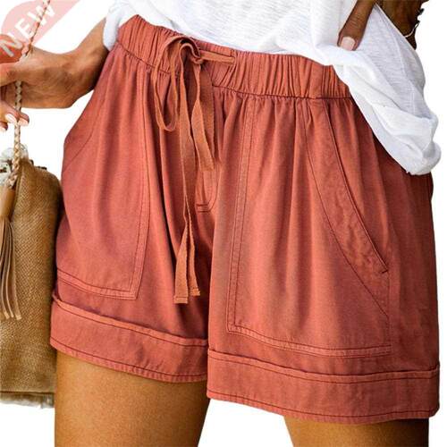 Women Short Pants High Waist Wide Leg Pockets Drawstring Com
