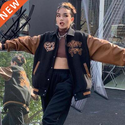 2021 Retro Leather Stitching Baseball Uniform Jacket Female