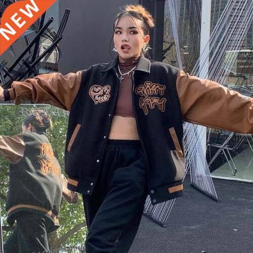 2021 Retro Leather Stitching Baseball Uniform Jacket Female