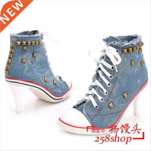 铆钉高跟鞋 Canvas Shoes Denim High Heels Rivets Shoes women